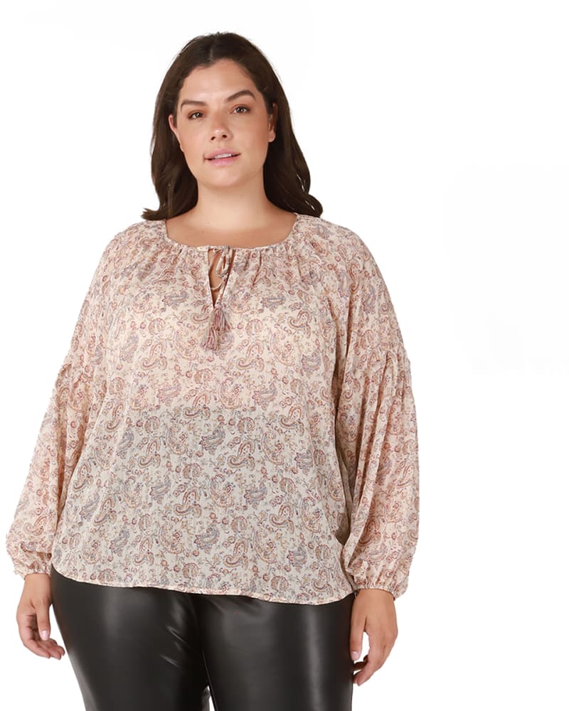 Front of a model wearing a size 0X Marlowe Tie Front Trapeze Top in Pink / White by DEX PLUS. | dia_product_style_image_id:237706